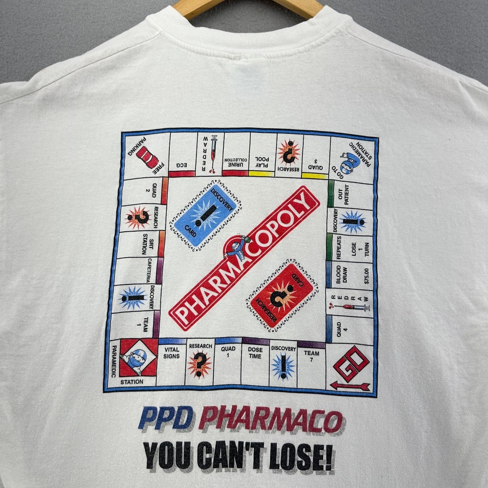 90s PPD Pharmaco Pharmacopoly T Shirt Monopoly Funny White XL Double Sided VTG